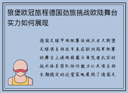狼堡欧冠旅程德国劲旅挑战欧陆舞台实力如何展现